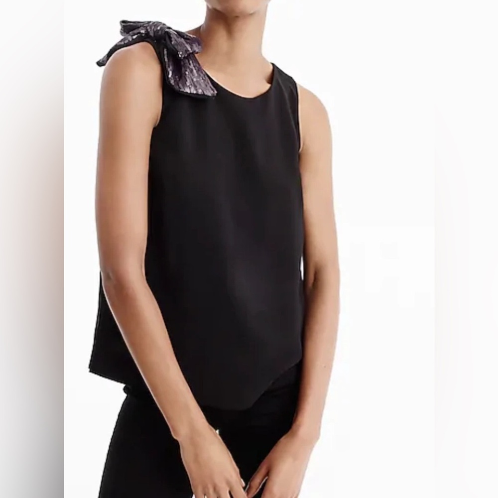J.Crew Black sleeveless Top with Purple Sequin Bow Tie on Shoulder Size 0